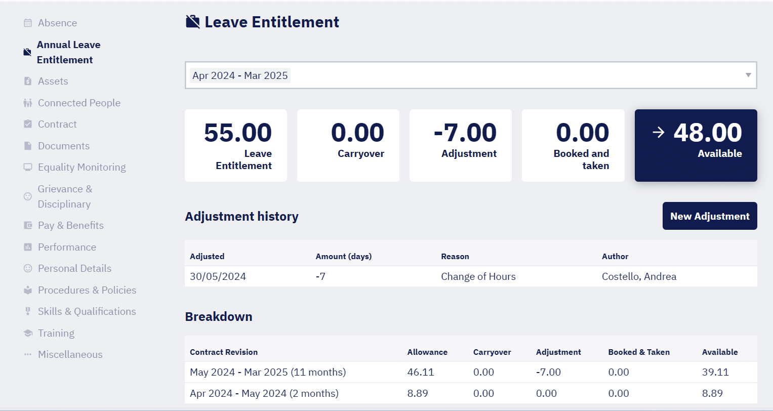 Hark App screen showing Annual Leave, Balance and Historic Changes.