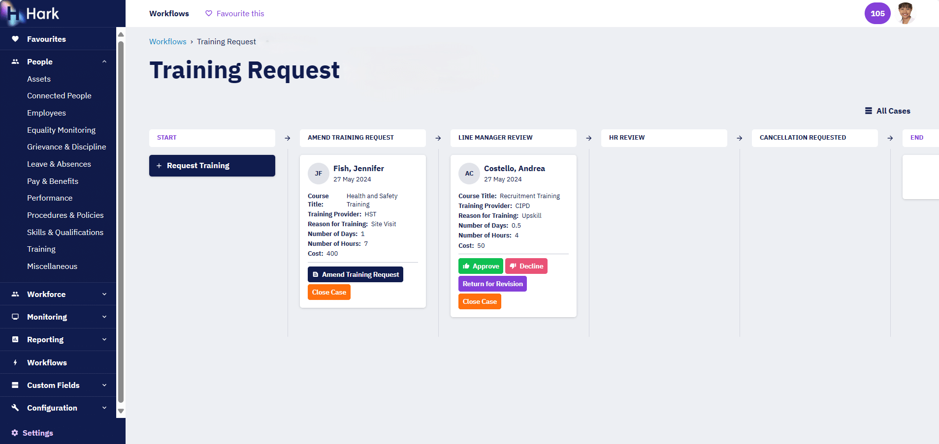 Screen render showing a Training Request Workflow