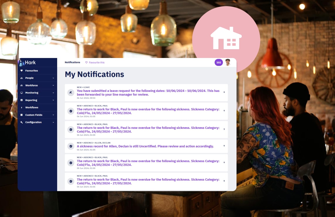 Example notifications screen overlaid on a photograph of a busy café