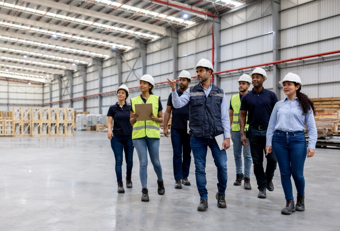 Corporate team on a warehouse inspection visit